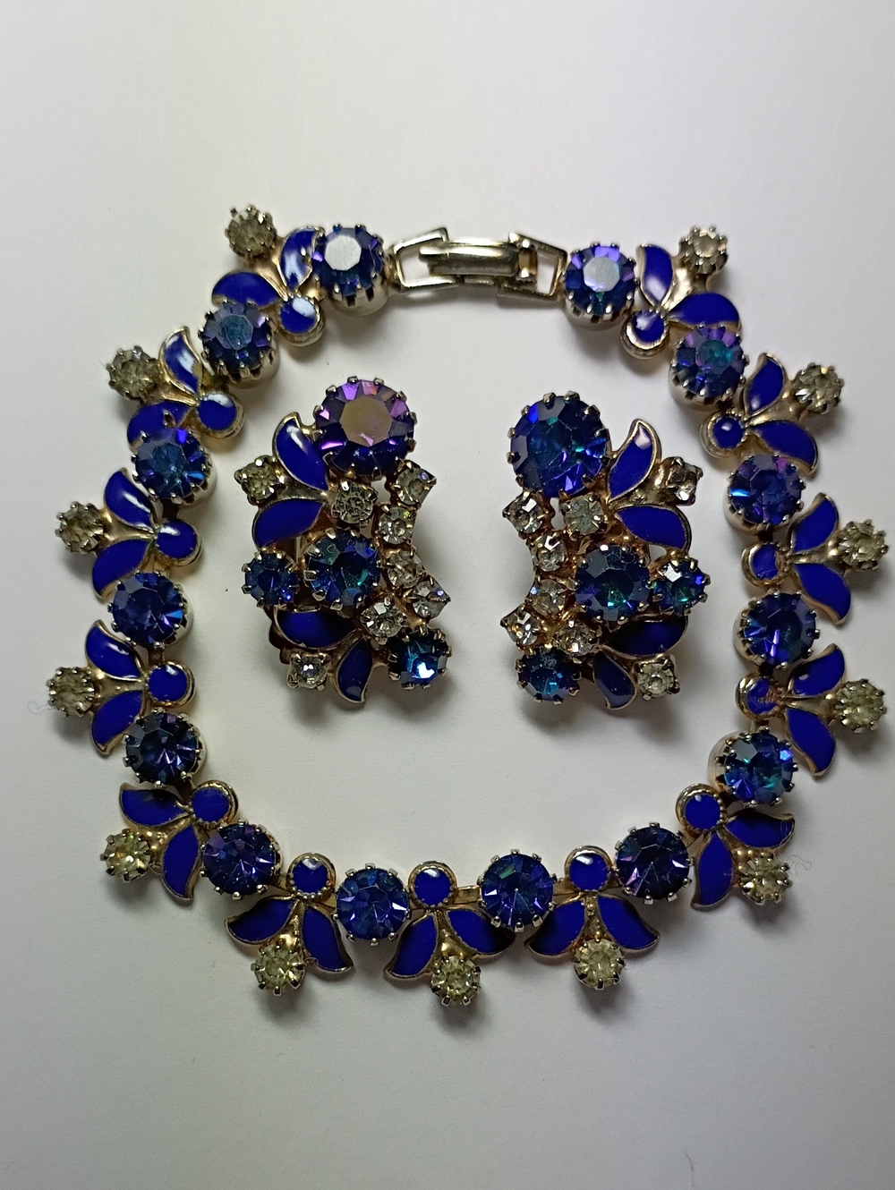Vintage Albert Weiss Blue Rhinestone Bracelet and Earrings Set